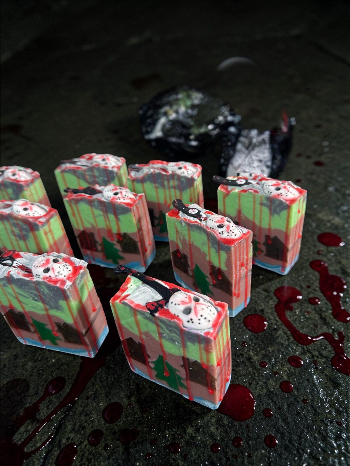 Camp Crystal Clean- Horror Themed Slasher Soap. Scented in Twilight Forest or Frozen Lake with Bloody Stab Toy on Top