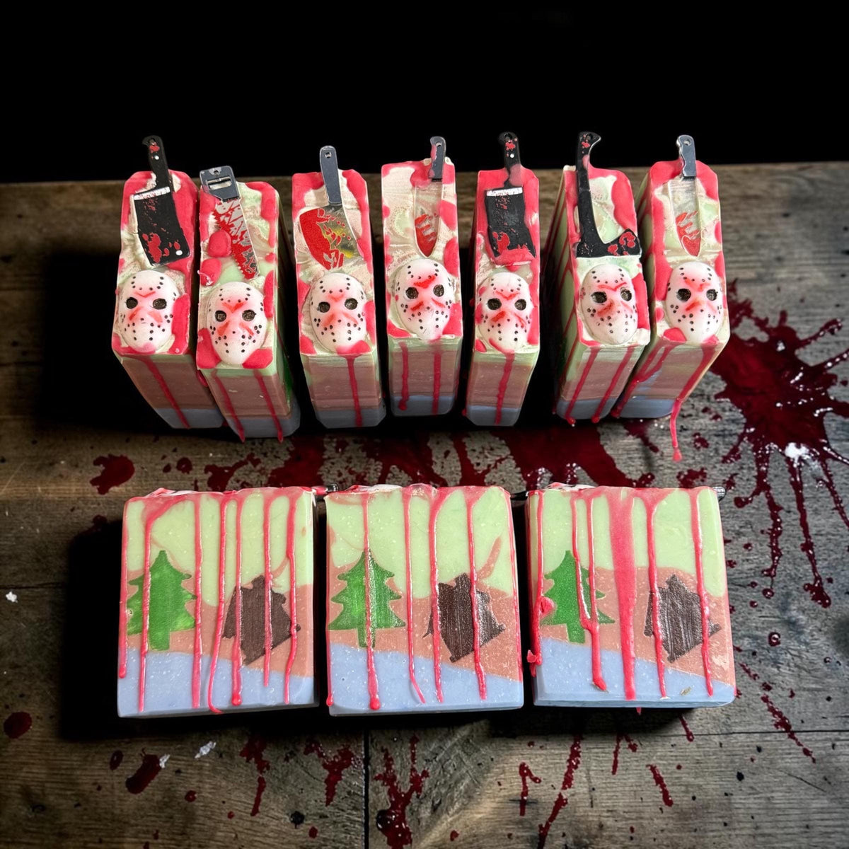 Camp Crystal Clean- Horror Themed Slasher Soap. Scented in Twilight Forest or Frozen Lake with Bloody Stab Toy on Top