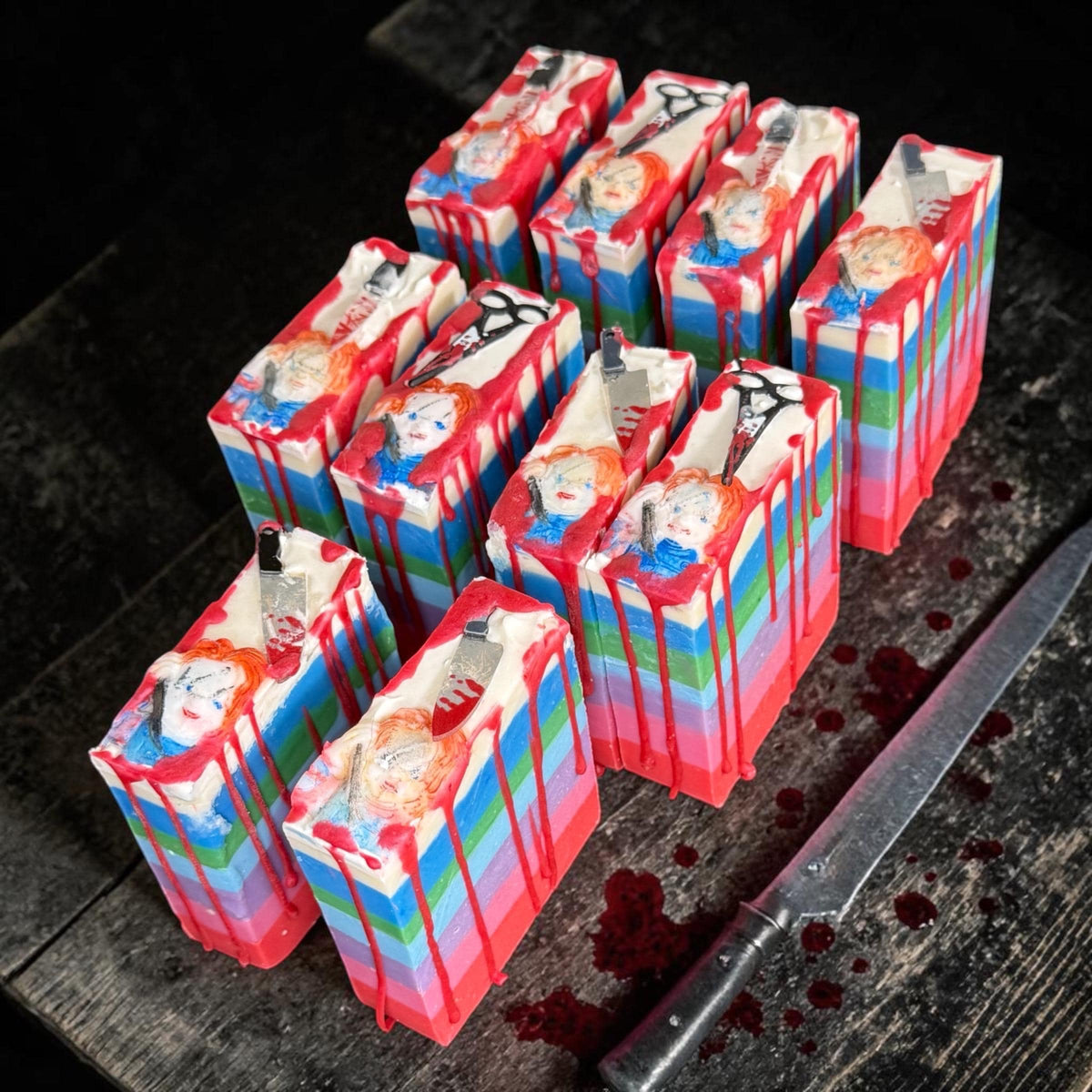 Wanna Play? - Chucky Themed Horror Slasher Soap. Scented in Aquamarine Dream, With A Bloody Stab Toy on Top