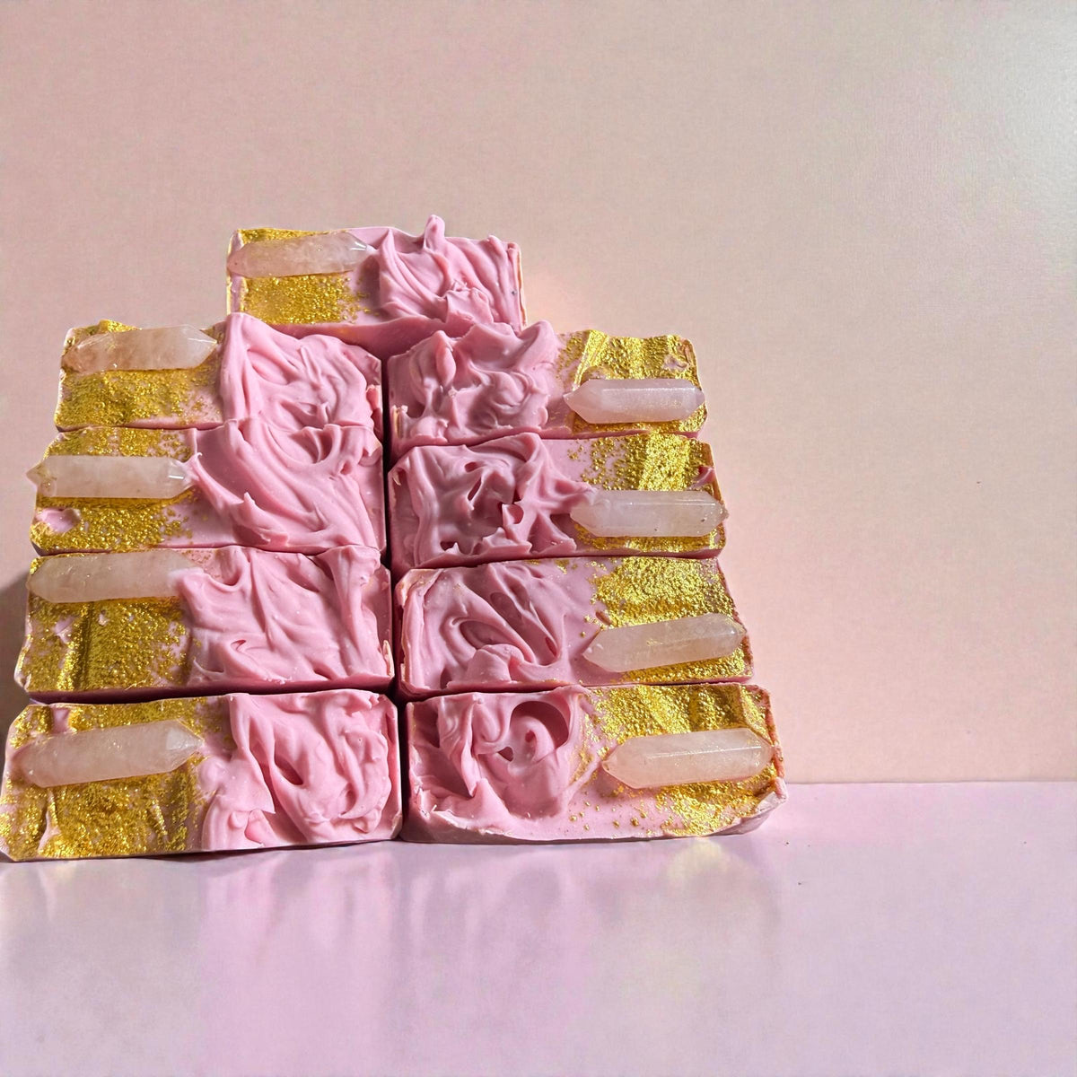 Pink Quartz Soap- Topped with A Real Quartz Crystal~ Fancy, Boujie, Shimmery Gold