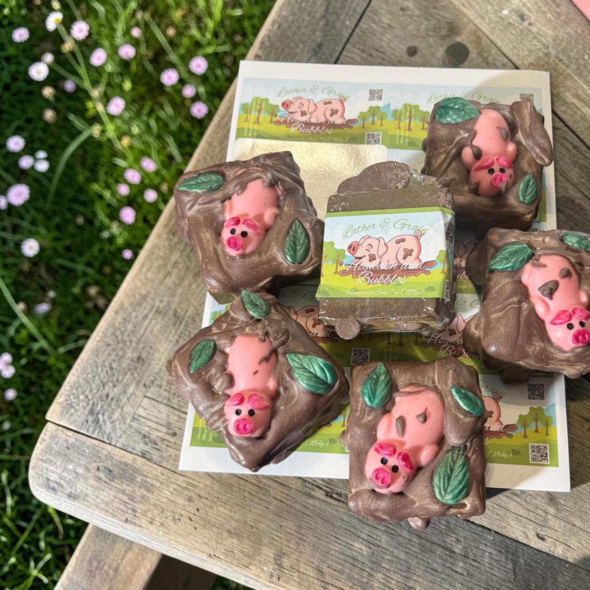 Hogwash and Bubbles- Cute Muddy Piggy Themed Scented in Warm Cinnamon Bun- Made with Tallow and Goat Milk