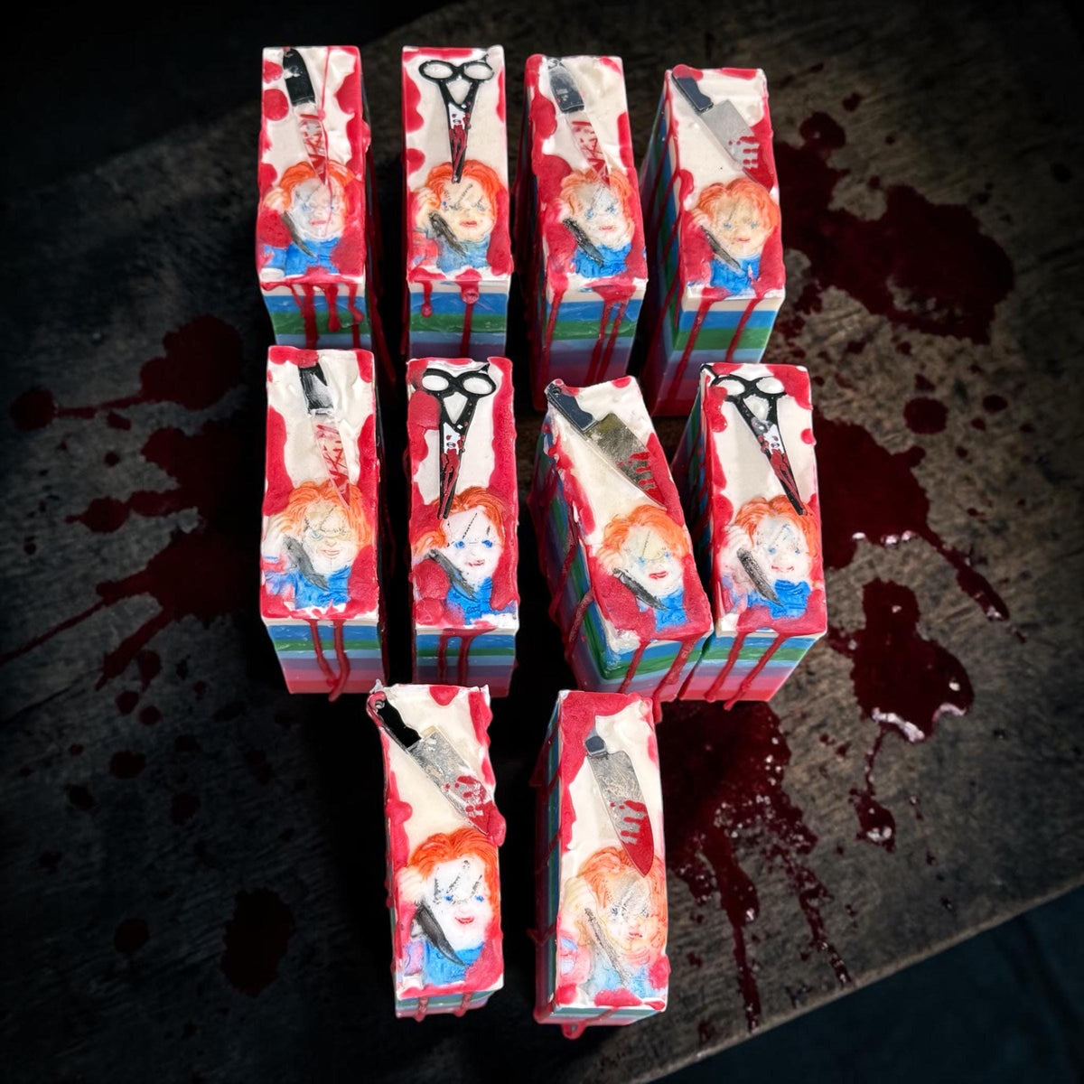 Wanna Play? - Chucky Themed Horror Slasher Soap. Scented in Aquamarine Dream, With A Bloody Stab Toy on Top