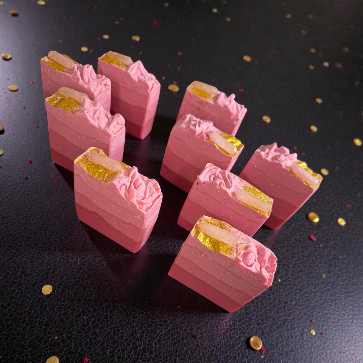 Pink Quartz Soap- Topped with A Real Quartz Crystal~ Fancy, Boujie, Shimmery Gold