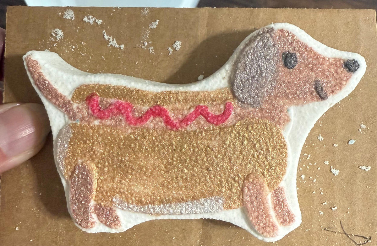 Wiener Dog Buttermilk Bath Bomb – Dachshund Wearing a Hot Dog Costume