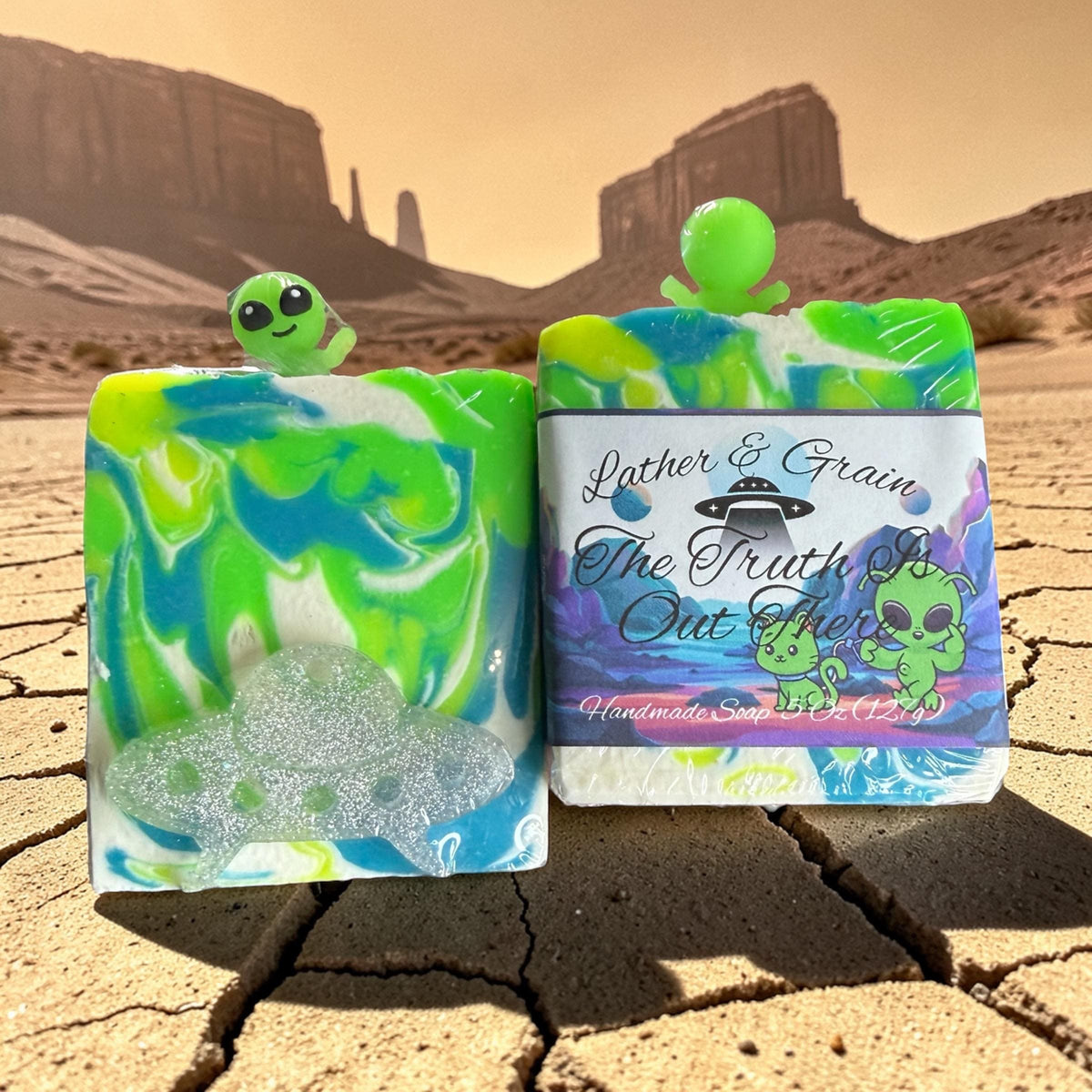 The Truth Is Out There Soap Made with Tallow and Goat Milk. Scented in Multiple Scents With Glow In the Dark Alien Toy Funny Gag Gift