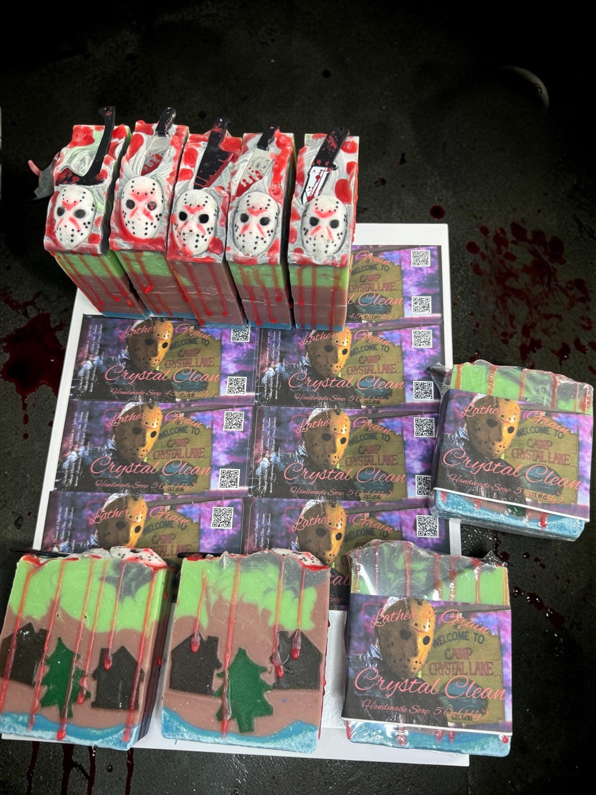 Camp Crystal Clean- Horror Themed Slasher Soap. Scented in Twilight Forest or Frozen Lake with Bloody Stab Toy on Top
