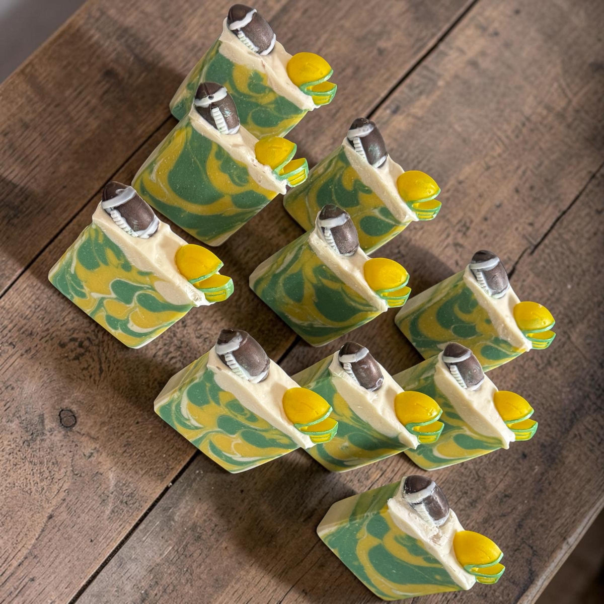 Gold and Green Football Handmade Soap – Scented in Emerald Rainfall~ Great Sports Fan Gift!