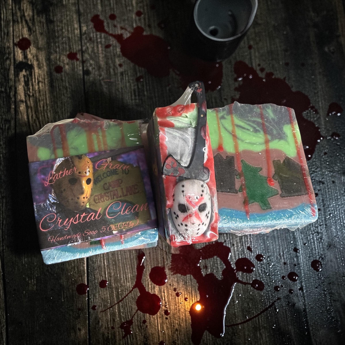 Camp Crystal Clean- Horror Themed Slasher Soap. Scented in Twilight Forest or Frozen Lake with Bloody Stab Toy on Top