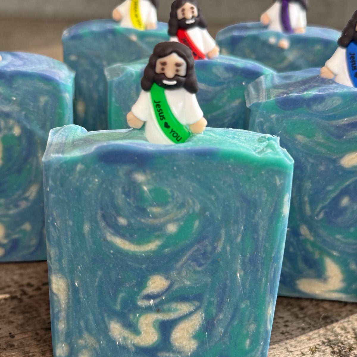 Jesus Loves You Soap~ You are Loved~ Scented in Basil, Sage, and Mint, with Silcone Figure on Top