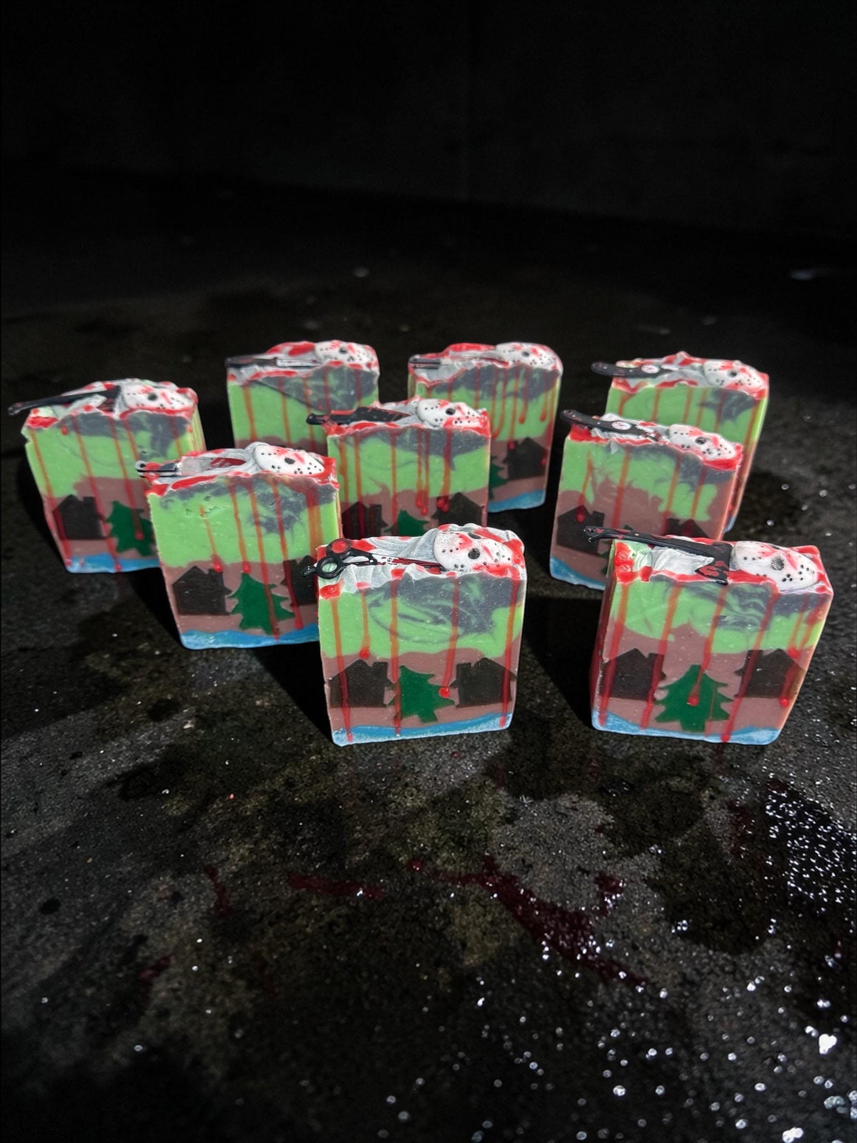 Camp Crystal Clean- Horror Themed Slasher Soap. Scented in Twilight Forest or Frozen Lake with Bloody Stab Toy on Top