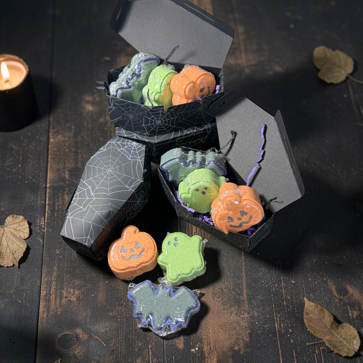 Halloween Bath Bomb Gift Set in Cute Spooky Packaging- 3 Pieces- Bat, Pumpkin and Ghost-  Fall Inspired Halloween