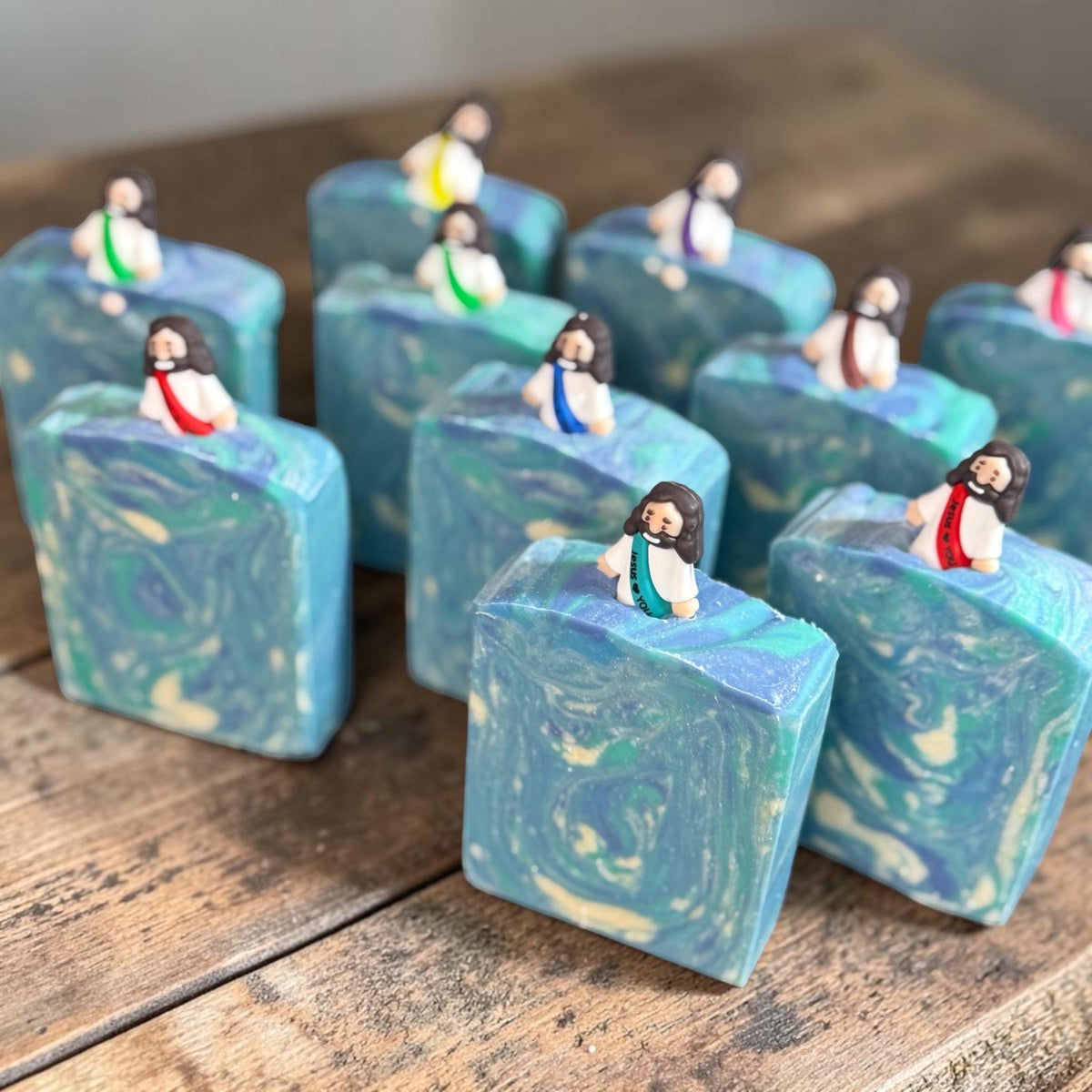 Jesus Loves You Soap~ You are Loved~ Scented in Basil, Sage, and Mint, with Silcone Figure on Top