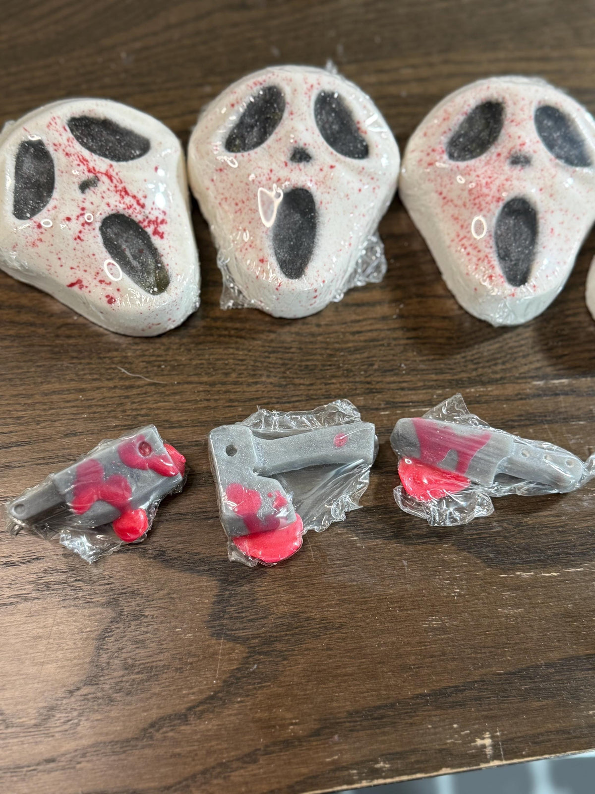 Horror Bath Bomb made with Creamy Buttermilk, Slasher Themed- Comes with Free Bloody Mini Soap weapon.