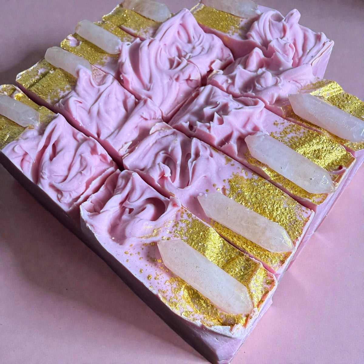 Pink Quartz Soap- Topped with A Real Quartz Crystal~ Fancy, Boujie, Shimmery Gold
