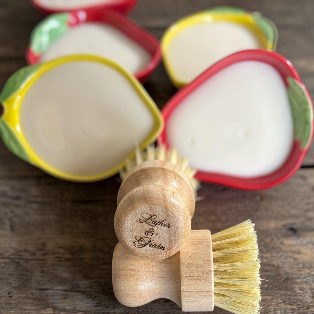 Solid Dish Soap Set: Strawberry or Lemon Ramekin with Scrub Brush