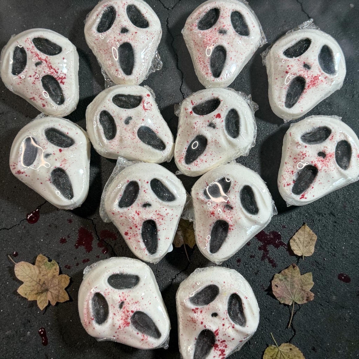 Horror Bath Bomb made with Creamy Buttermilk, Slasher Themed Summerween Scents- Comes with Free Bloody Mini Soap weapon.