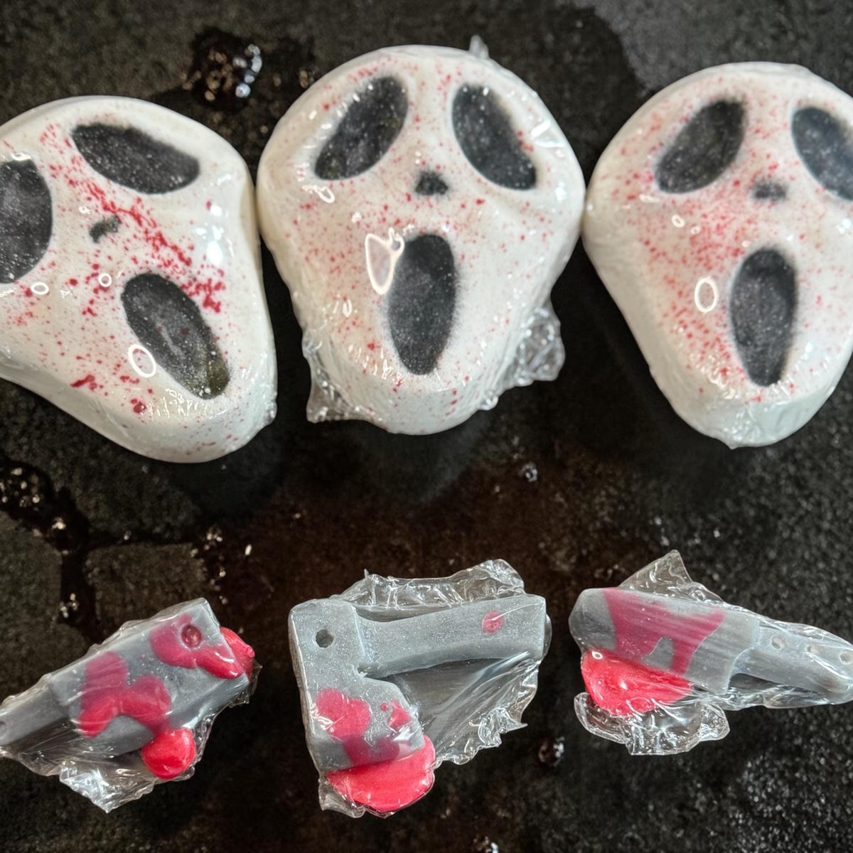 Horror Bath Bomb made with Creamy Buttermilk, Slasher Themed Summerween Scents- Comes with Free Bloody Mini Soap weapon.