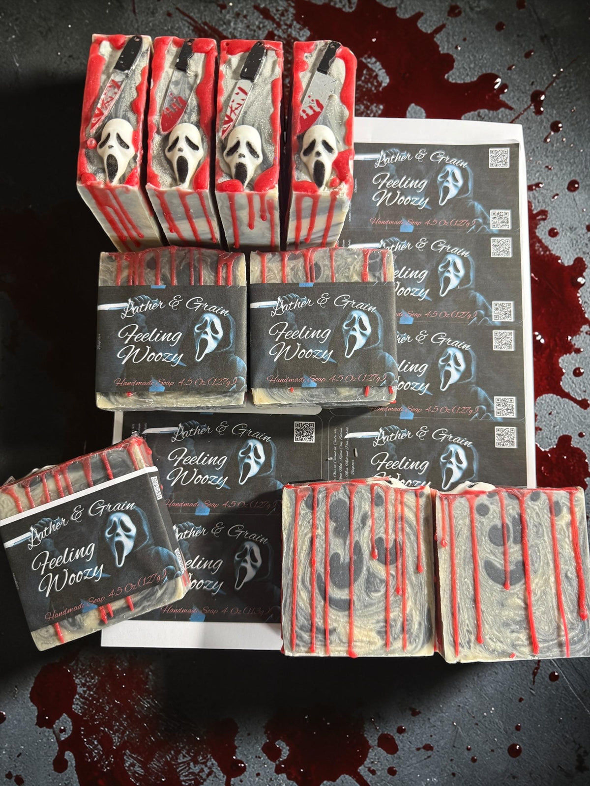 Feeling Woozy- Horror Themed Slasher Soap. Scented in Perfect Man, or Spooky Moontini with Bloody Stab Toy on Top