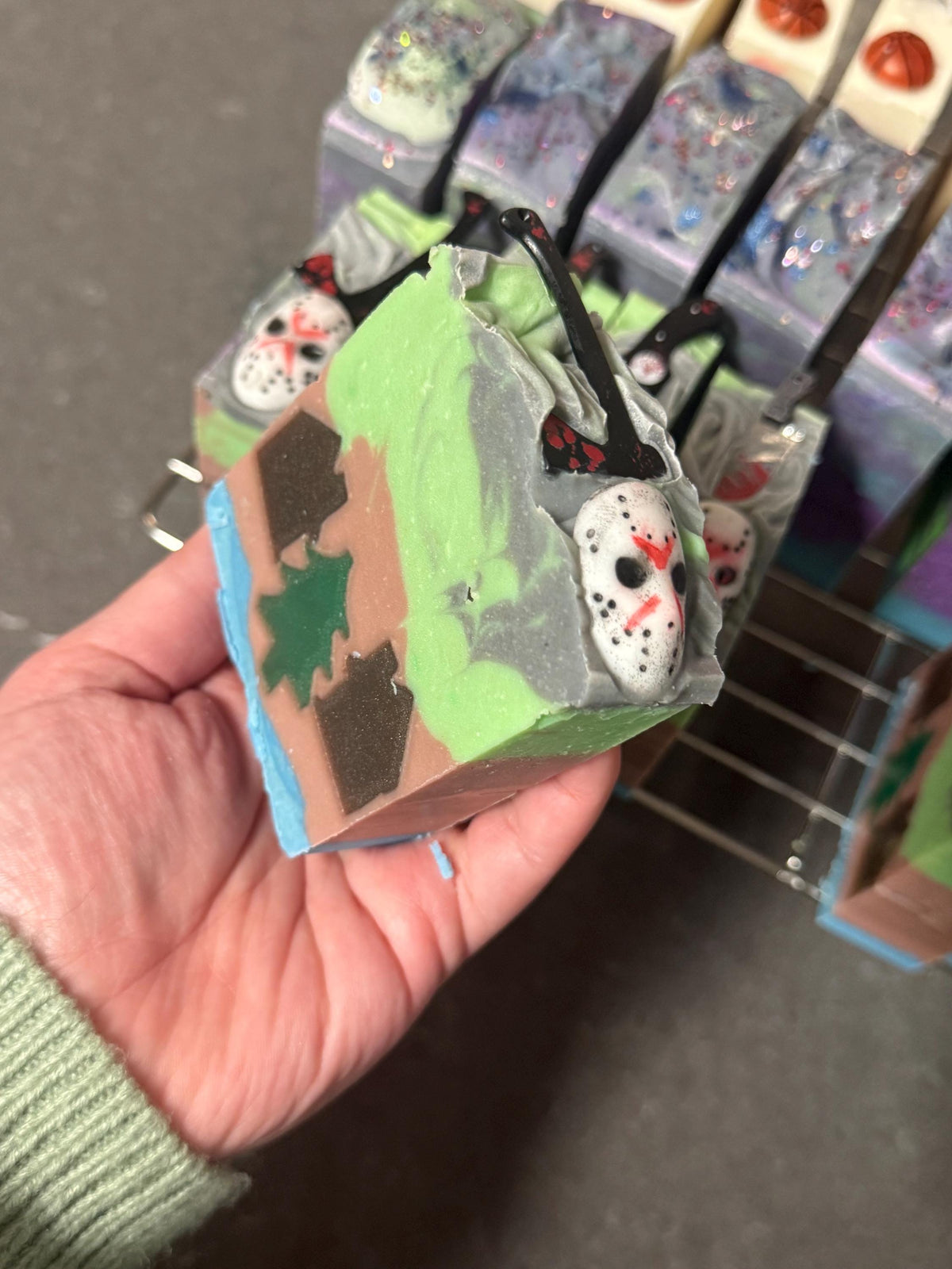 Camp Crystal Clean- Horror Themed Slasher Soap. Scented in Twilight Forest or Frozen Lake with Bloody Stab Toy on Top