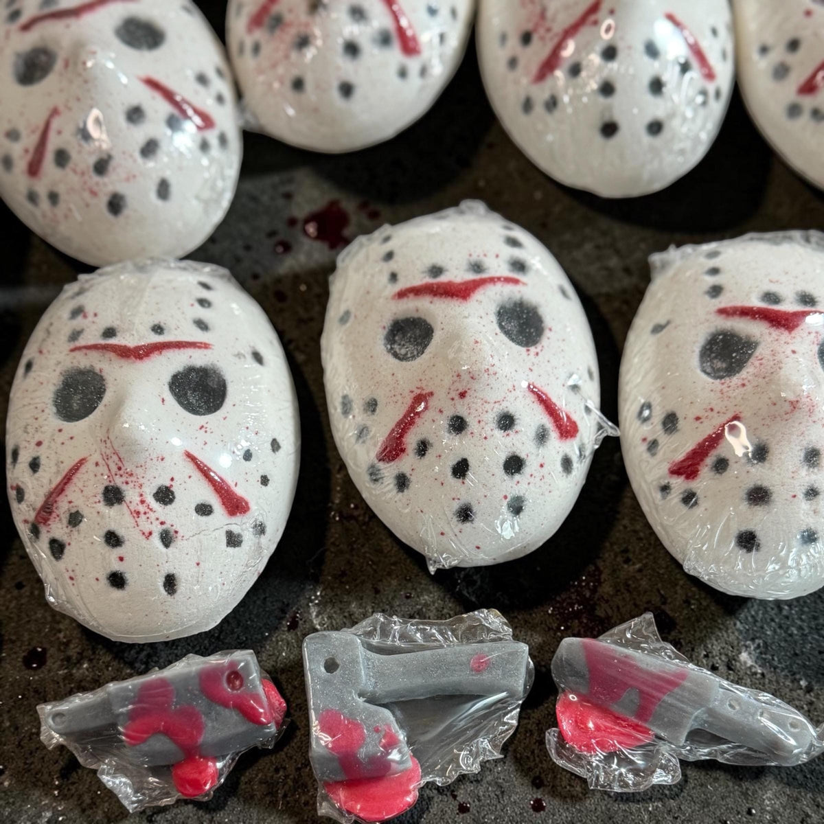 Horror Bath Bomb made with Creamy Buttermilk, Slasher Themed- Comes with Free Bloody Mini Soap weapon.