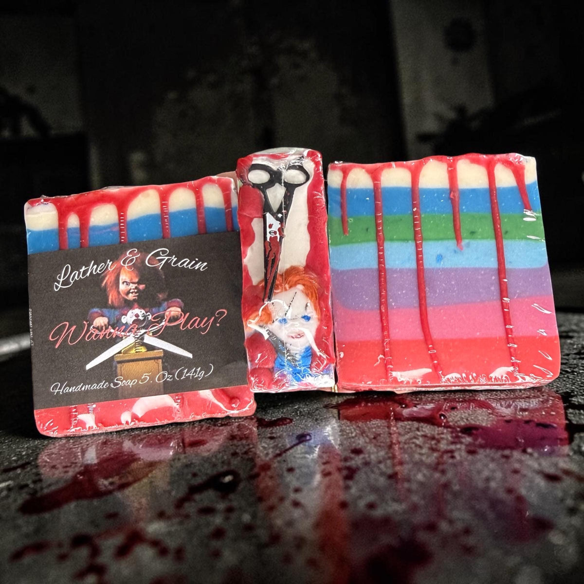 Wanna Play? - Chucky Themed Horror Slasher Soap. Scented in Aquamarine Dream, With A Bloody Stab Toy on Top