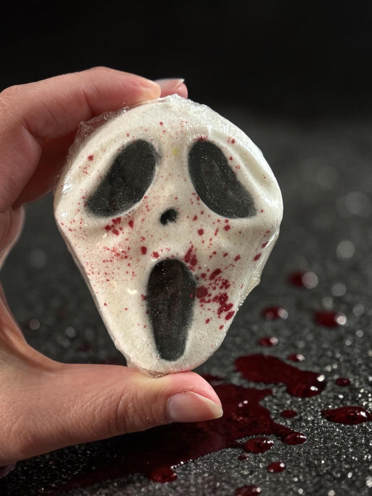 Horror Bath Bomb made with Creamy Buttermilk, Slasher Themed Summerween Scents- Comes with Free Bloody Mini Soap weapon.