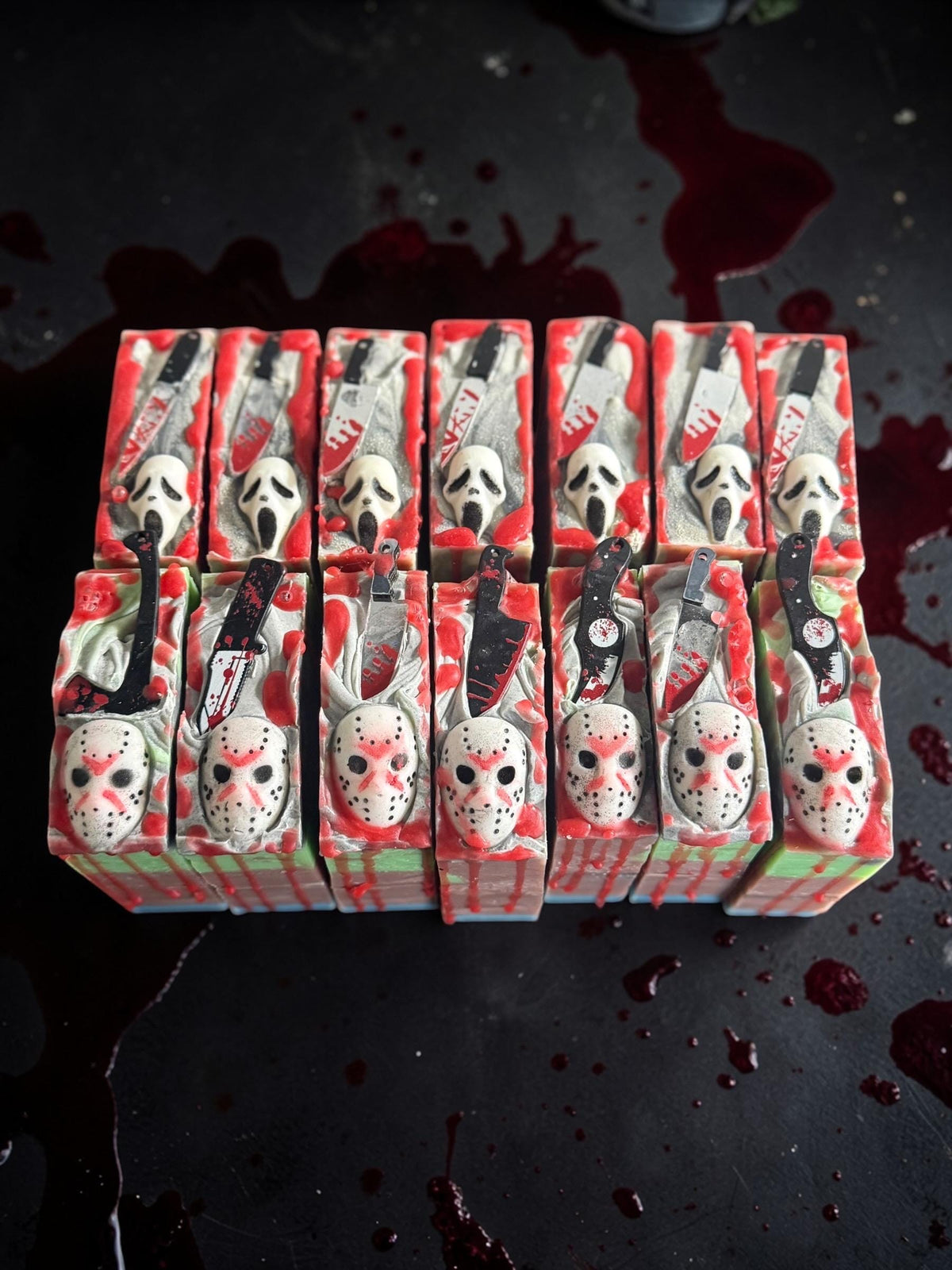 Camp Crystal Clean- Horror Themed Slasher Soap. Scented in Twilight Forest or Frozen Lake with Bloody Stab Toy on Top