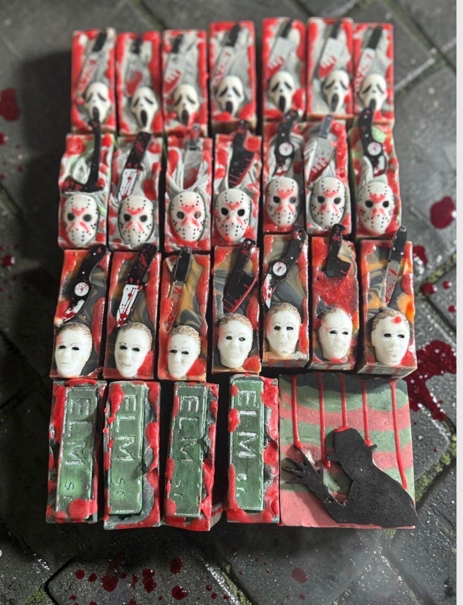Horror Bath Bomb made with Creamy Buttermilk, Slasher Themed- Comes with Free Bloody Mini Soap weapon.
