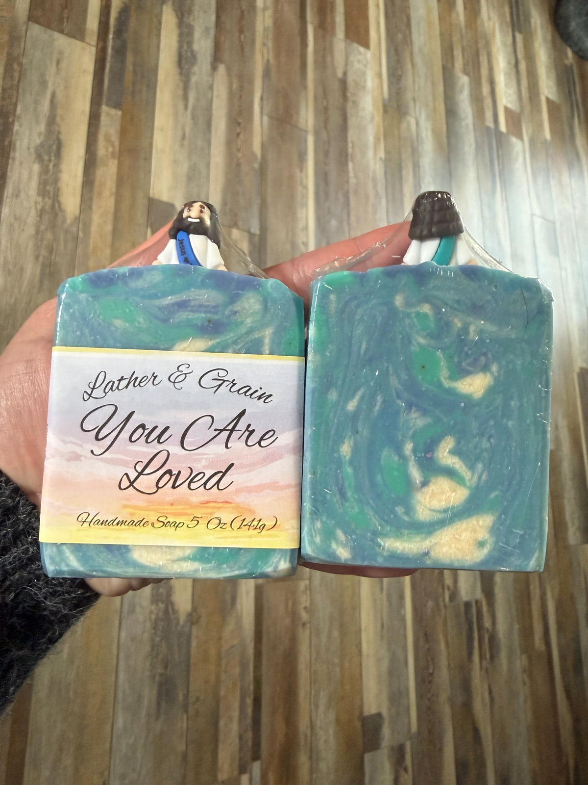 Jesus Loves You Soap~ You are Loved~ Scented in Basil, Sage, and Mint, with Silcone Figure on Top