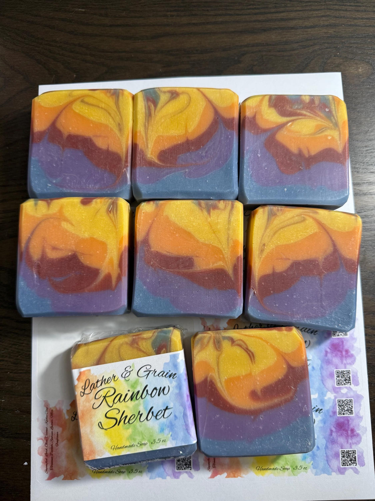 Rainbow Sherbet Tallow soap with Coconut Milk. Favorite summertime flavor.