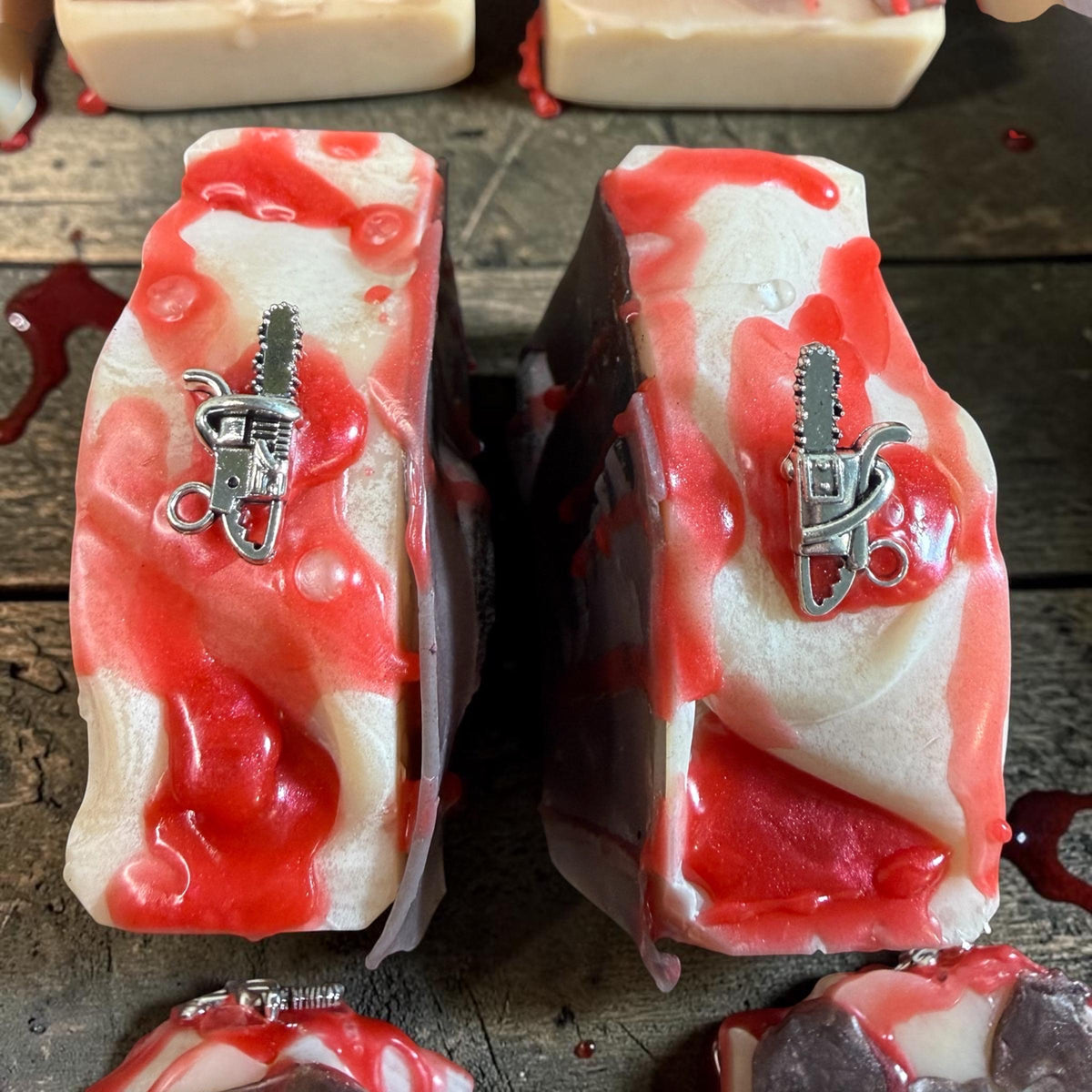 Texas Slaughterhouse Suds- Horror Themed Slasher Soap. Scented in Flannel Massacre, with Mini Chainsaw Charm on Top