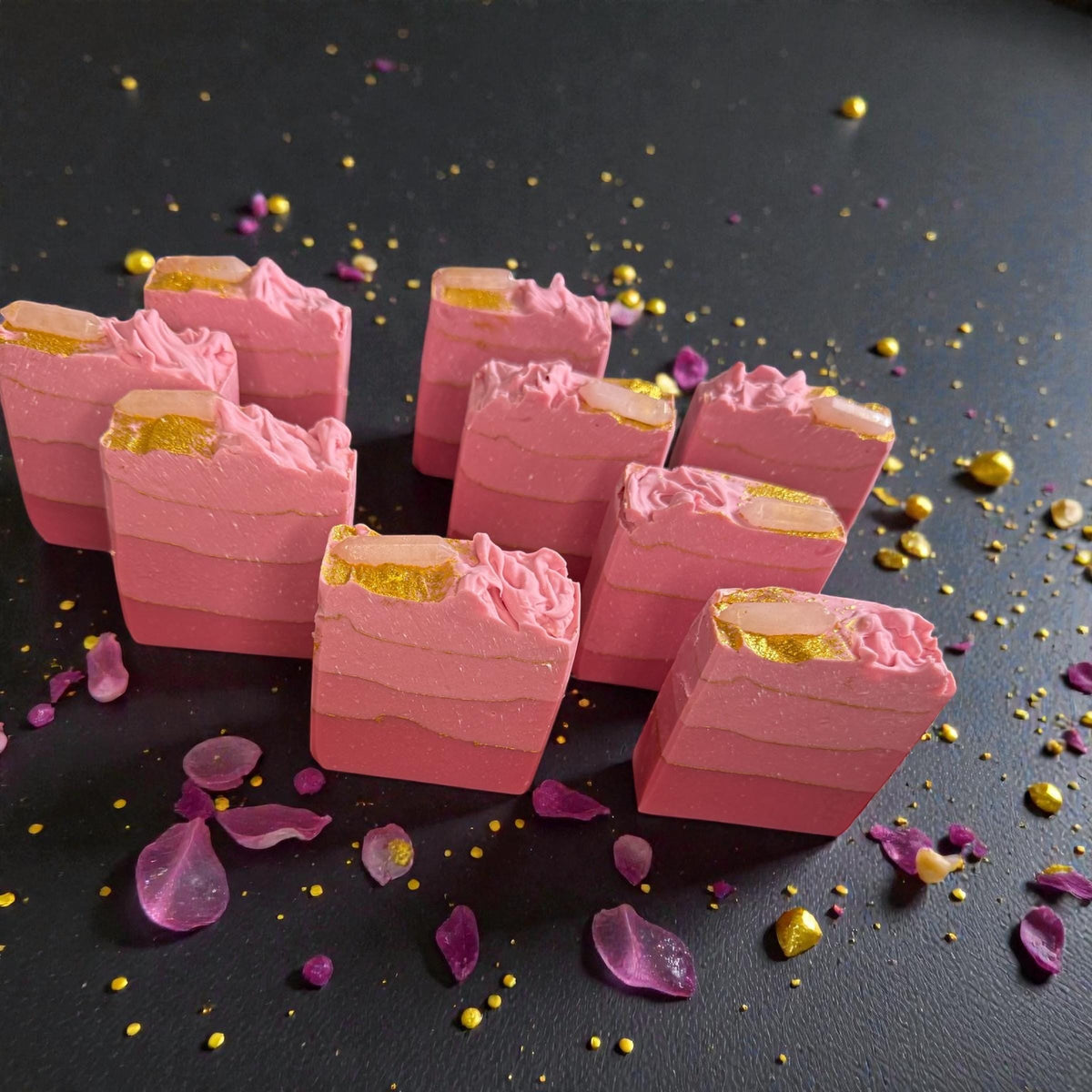 Pink Quartz Soap- Topped with A Real Quartz Crystal~ Fancy, Boujie, Shimmery Gold