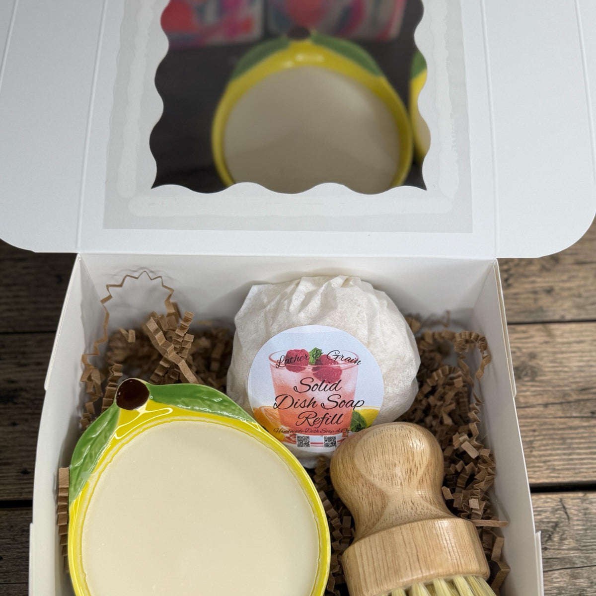 Solid Dish Soap Set: Strawberry or Lemon Ramekin with Scrub Brush