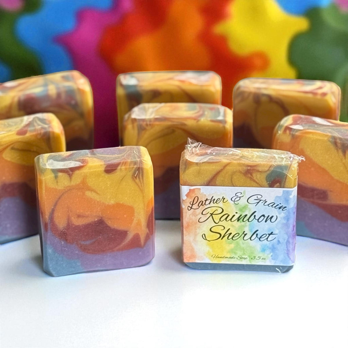 Rainbow Sherbet Tallow soap with Coconut Milk. Favorite summertime flavor.