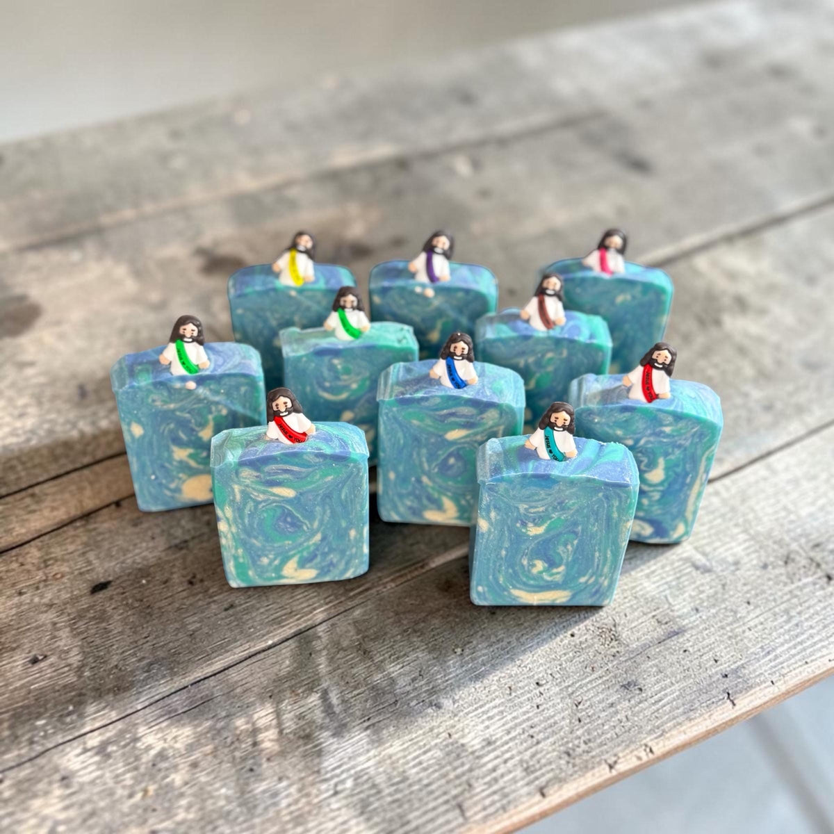 Jesus Loves You Soap~ You are Loved~ Scented in Basil, Sage, and Mint, with Silcone Figure on Top