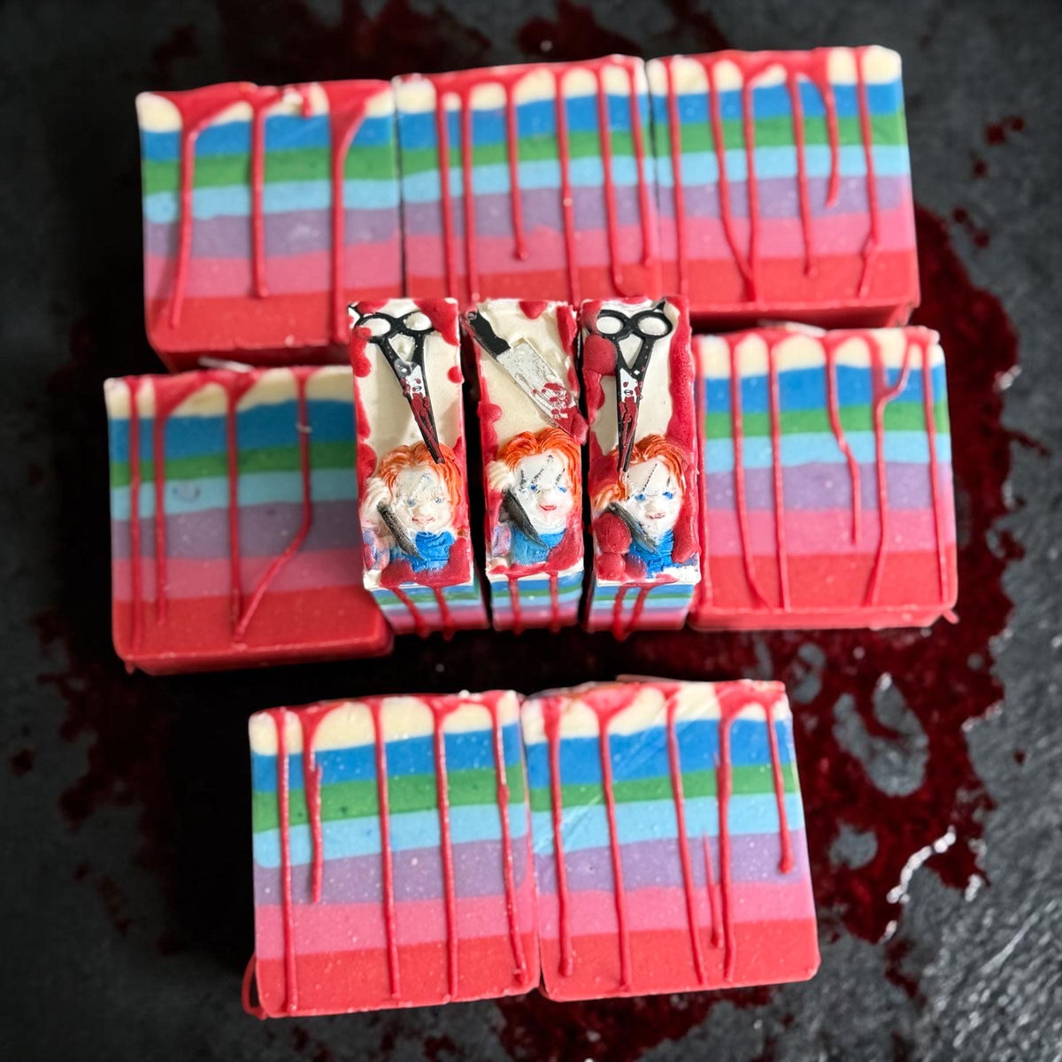 Wanna Play? - Chucky Themed Horror Slasher Soap. Scented in Aquamarine Dream, With A Bloody Stab Toy on Top