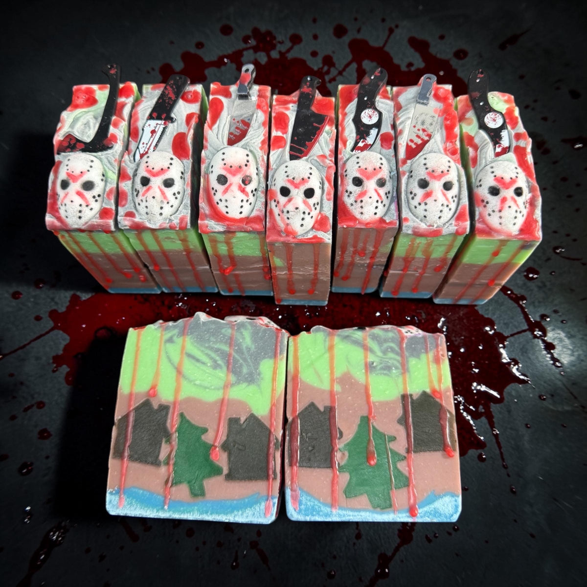 Camp Crystal Clean- Horror Themed Slasher Soap. Scented in Twilight Forest or Frozen Lake with Bloody Stab Toy on Top
